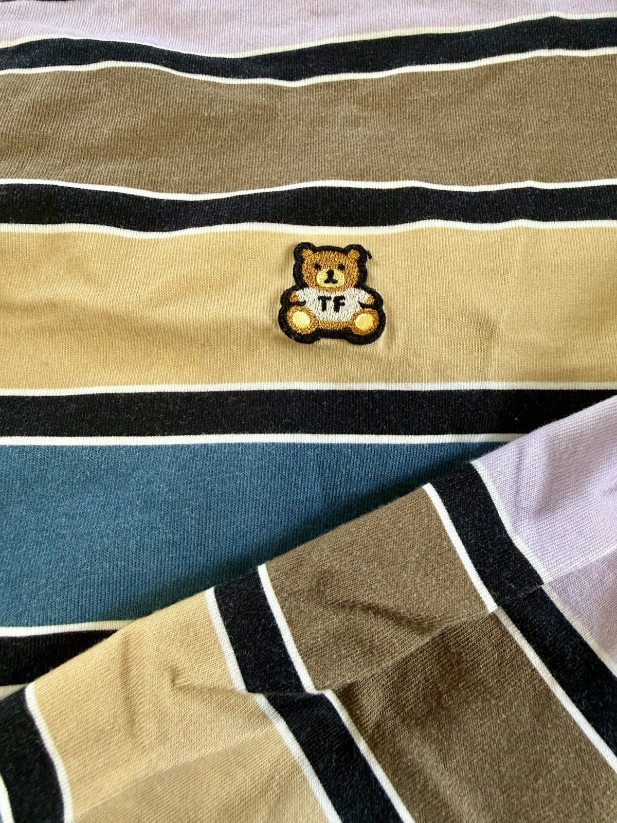 Teddy Fresh Striped Purple Blue Tan Long Sleeve Crew Neck Size M