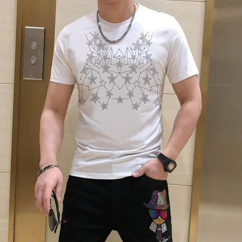 New Men Luxury Diamond Star Rhinestones Fashion Black White T-Shirt High Quality
