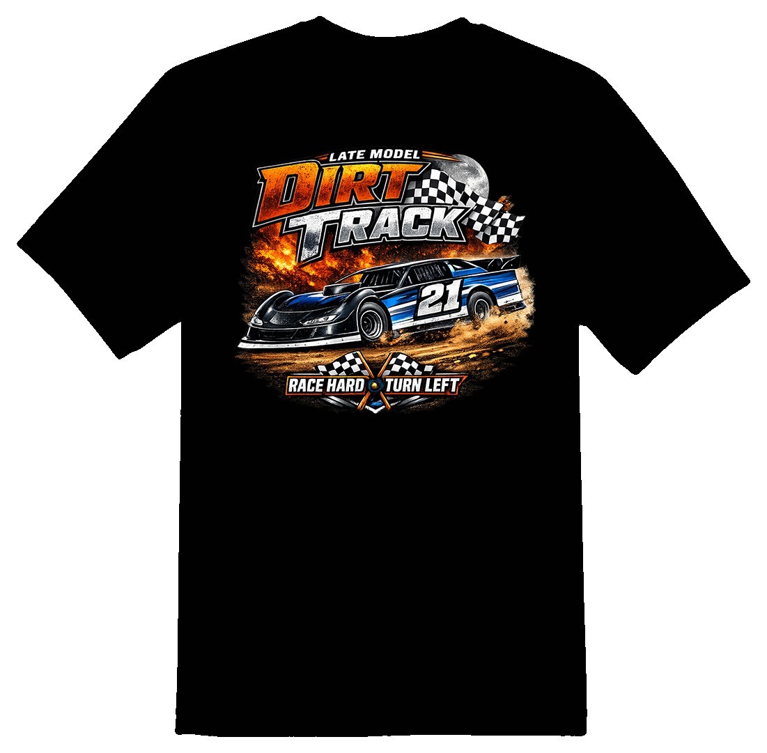 Late model dirt track racing race hard turn left black or white tee sprint car