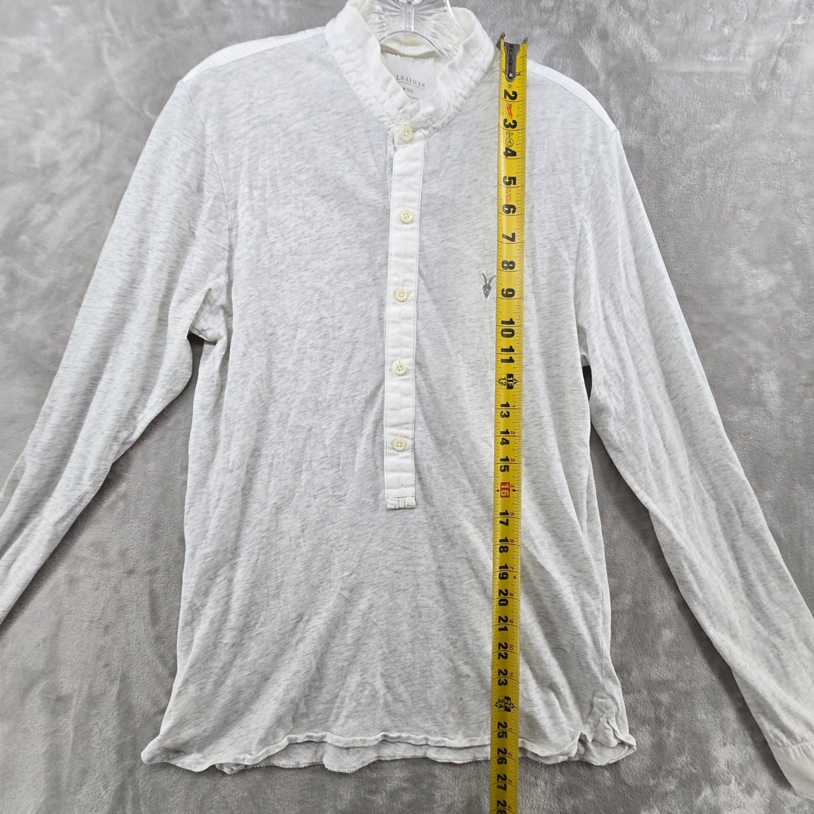 AllSaints Mens Small Henley Shirt Grey Grandad Collar Long Sleeve Ramskull Logo