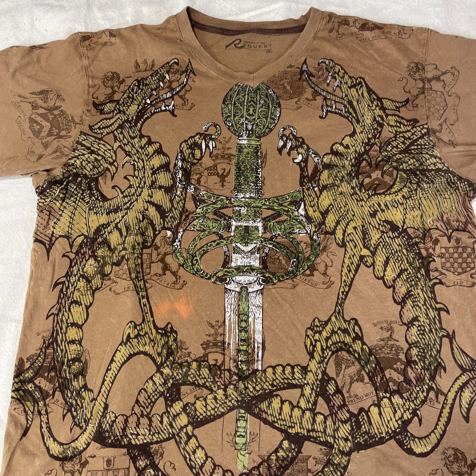 Request Shirt Mens 2XL XXL Brown Y2K Cyber Punk Mall Goth Grunge Dragon Sword