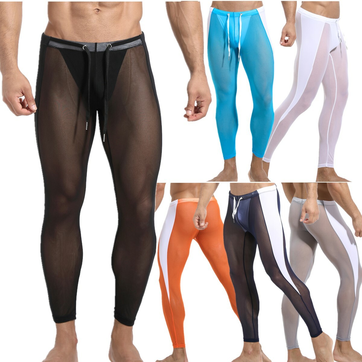 Sexy Mens Top Pants Mesh Perspective Fitness Suit Casual Home Wear T-shirt Pants