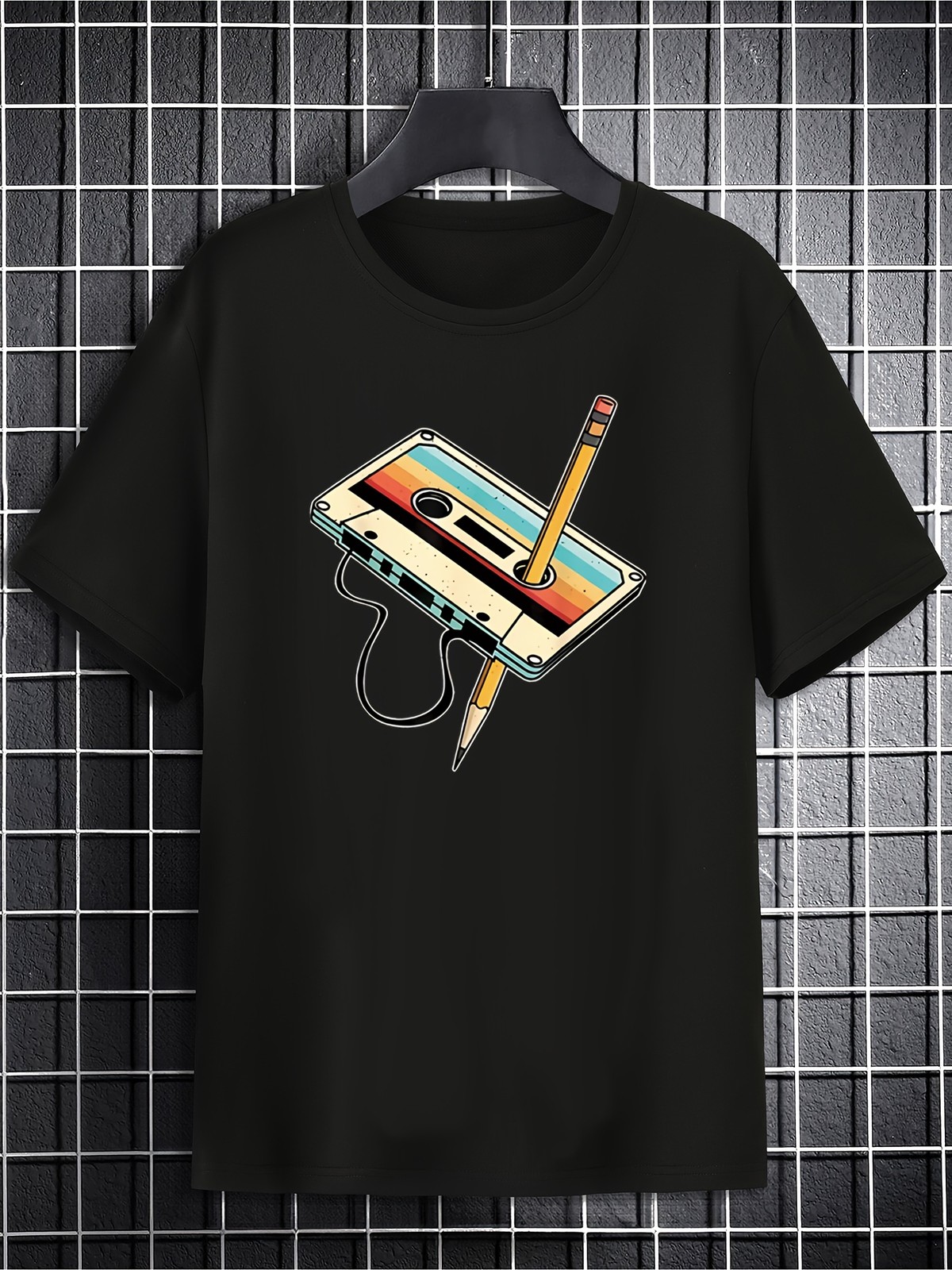 Men Retro Cassette Print T-Shirt – Casual Crew Neck, Slight Stretch, Summer Top♢