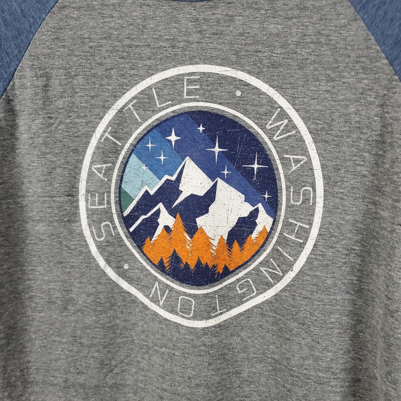 Seattle Washington Shirt Men Large Gray Blue Crew Neck 3/4 Sleeve Raglan Graphic