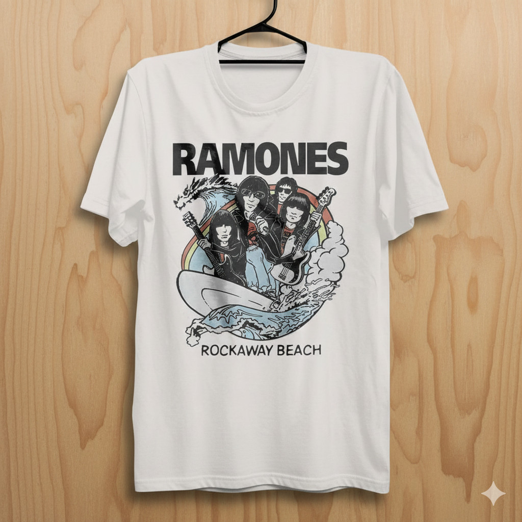 Ramones Rockaway Beach Graphic T-Shirt White Punk Rock Band Tee – T271