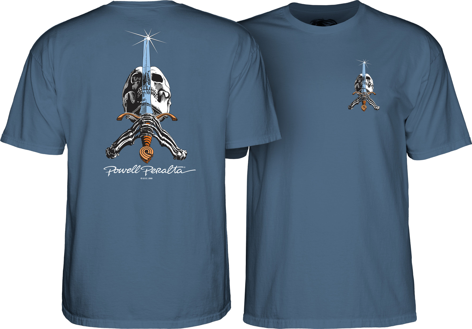 Powell Peralta SKULL AND SWORD Skateboard T Shirt INDIGO BLUE