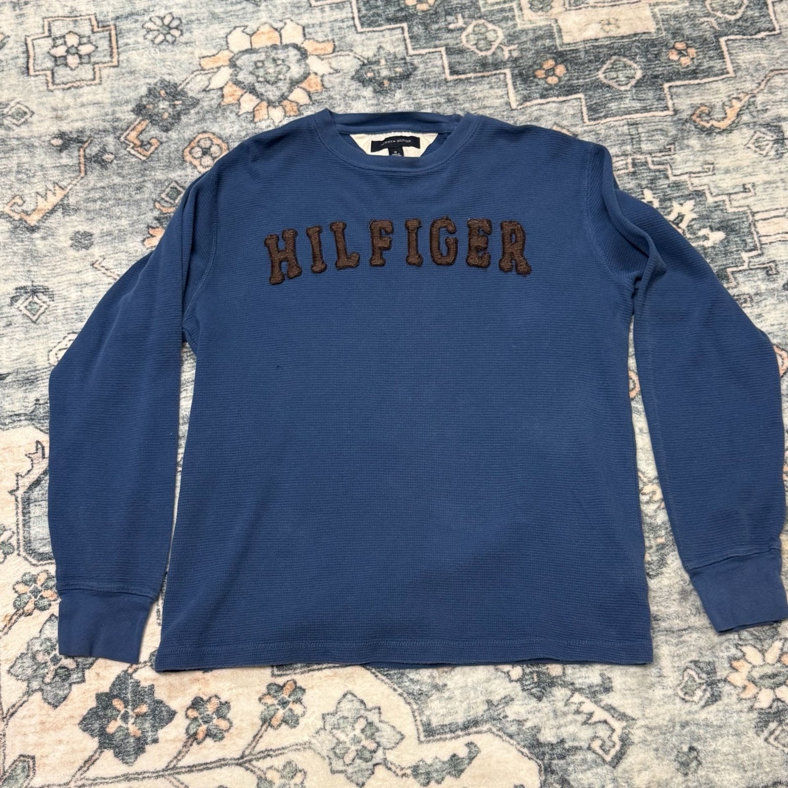 Tommy Hilfiger Vintage Style Blue Waffle Knit Long Sleeve Shirt with Brown Spell
