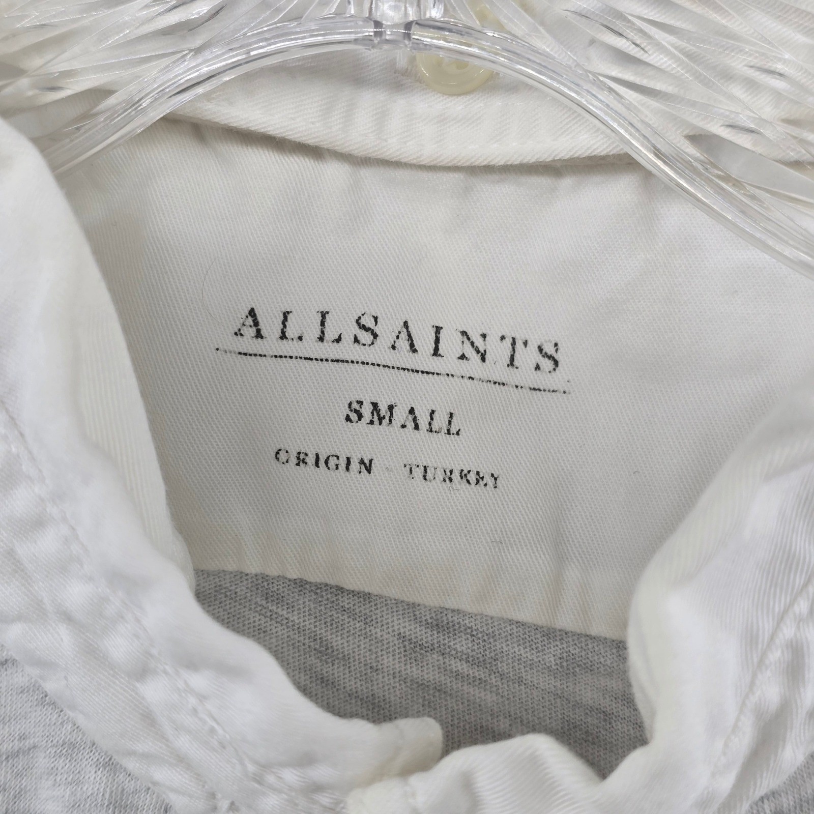 AllSaints Mens Small Henley Shirt Grey Grandad Collar Long Sleeve Ramskull Logo