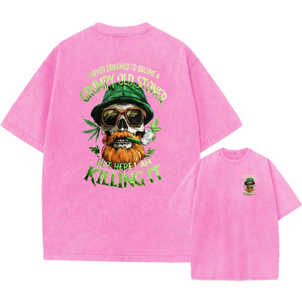 Vintage Oversized Washed Tee,Skull Grumpy Old Stoner Print Unisex Casual T-Shirt