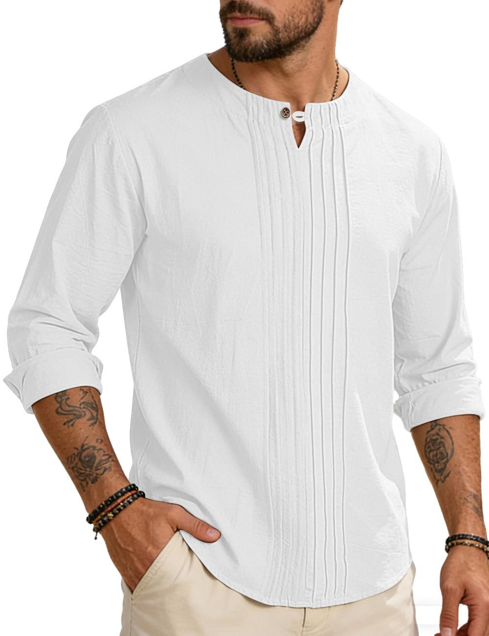 Men’s Linen Shirts Casual Long Sleeve Pleated Front T-Shirt Button Henley Col…