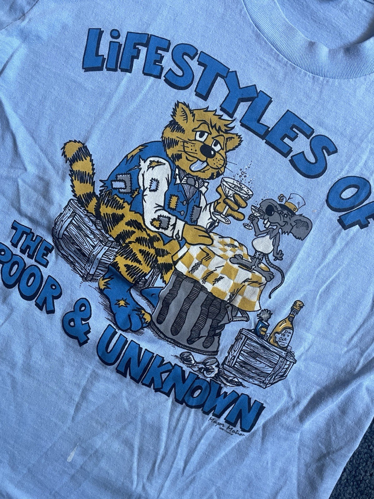 Vintage Lifestyles Of The Poor & Unknown Shirt Mens Medium Blue Cat 80s Funny