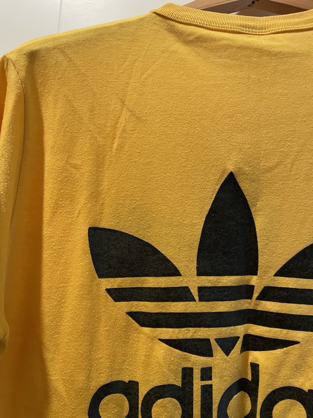 Vintage 80s ADIDAS Trefoil Logo Double Sided T Shirt 50/50 Mustard Yellow L/XL