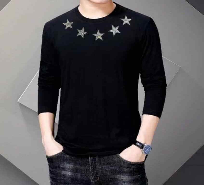 New Men Luxury Diamond Stars Rhinestones Fashion Black Long T-Shirt High Quality