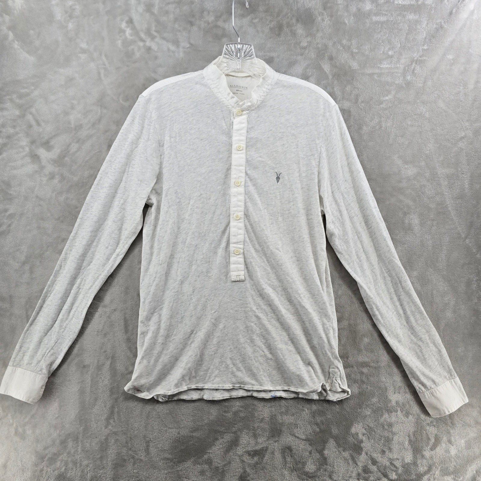 AllSaints Mens Small Henley Shirt Grey Grandad Collar Long Sleeve Ramskull Logo