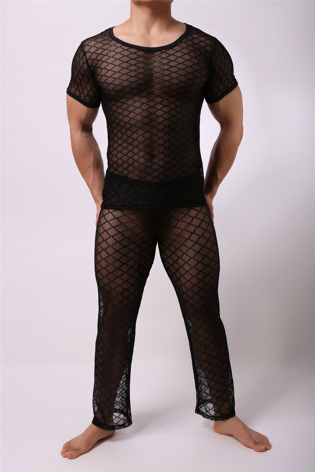Fetish Mens Underwear Sheer Mesh Muscle T-Shirt Tank Tops Long Johns Trousers