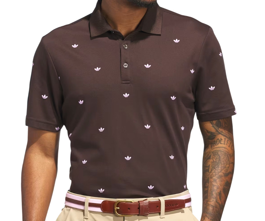 NEW MENS ADIDAS ORIGINALS MONOGRAM TREFOIL POLO SHIRT ~MEDIUM #JX9265 BROWN PINK