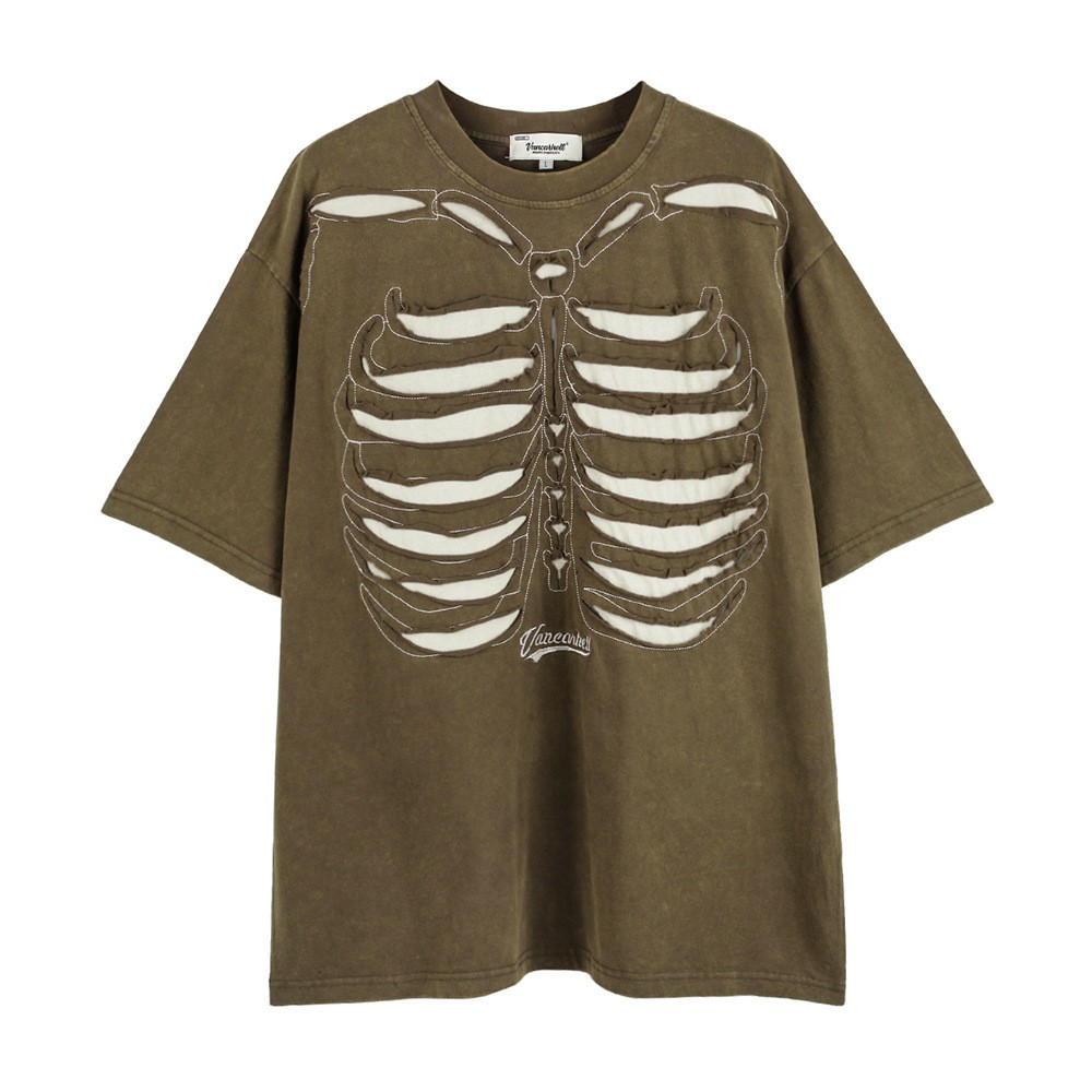 Oversized Skeleton Rib Cage T Shirt Gothic Washed Grunge Streetwear Tee