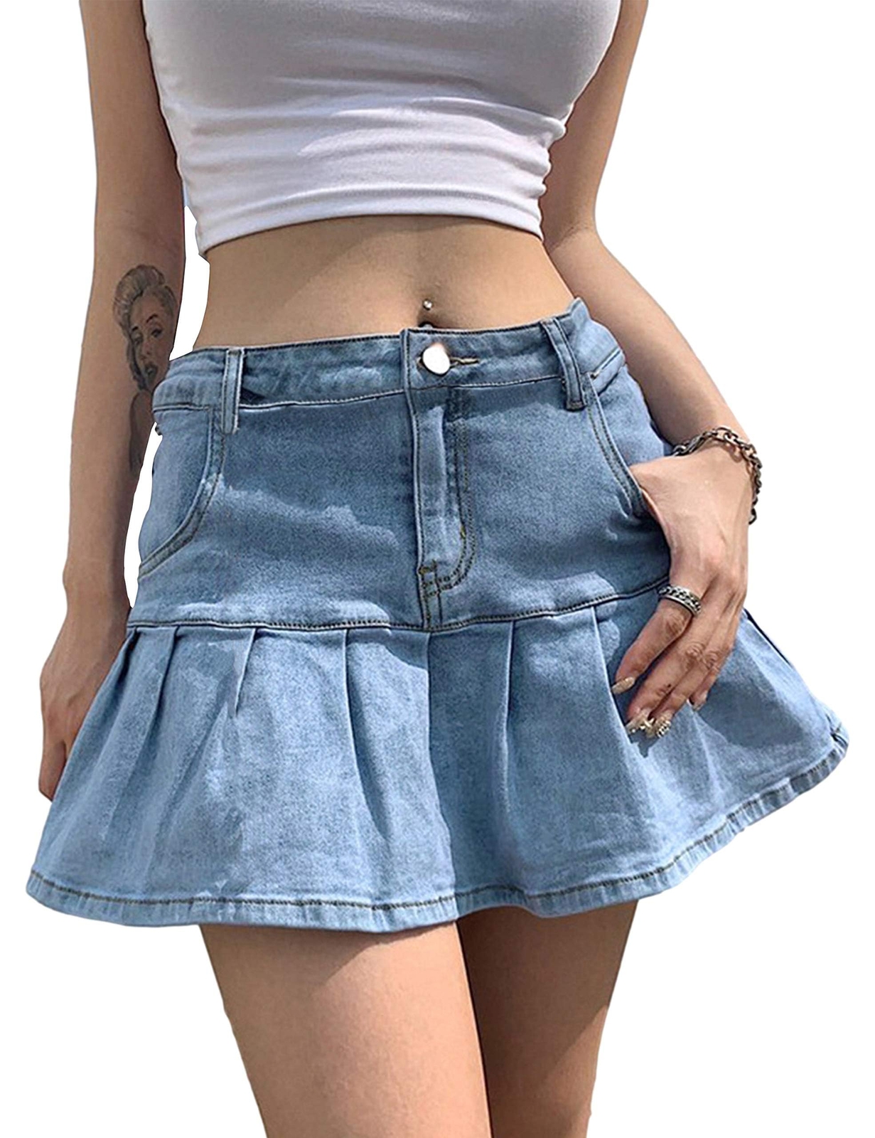 Women’s Pleated Jean Skirt Casual A-Line Ruffle Y2K Mini Denim Skirt LightBlue-L