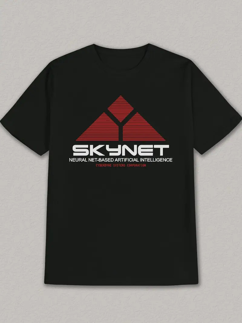Men’S Casual Summer Graphic T-Shirt – “SKYNET” Design, Black Polyester Crew Neck