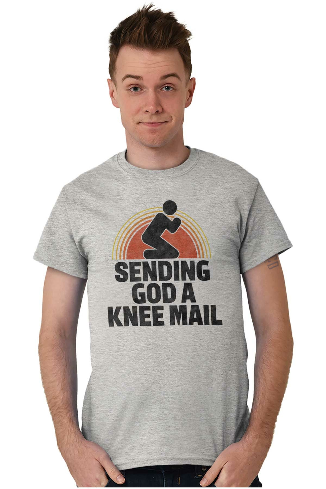 Sending God A Knee Mail Pray Religious God Adult Short Sleeve Crewneck Tee