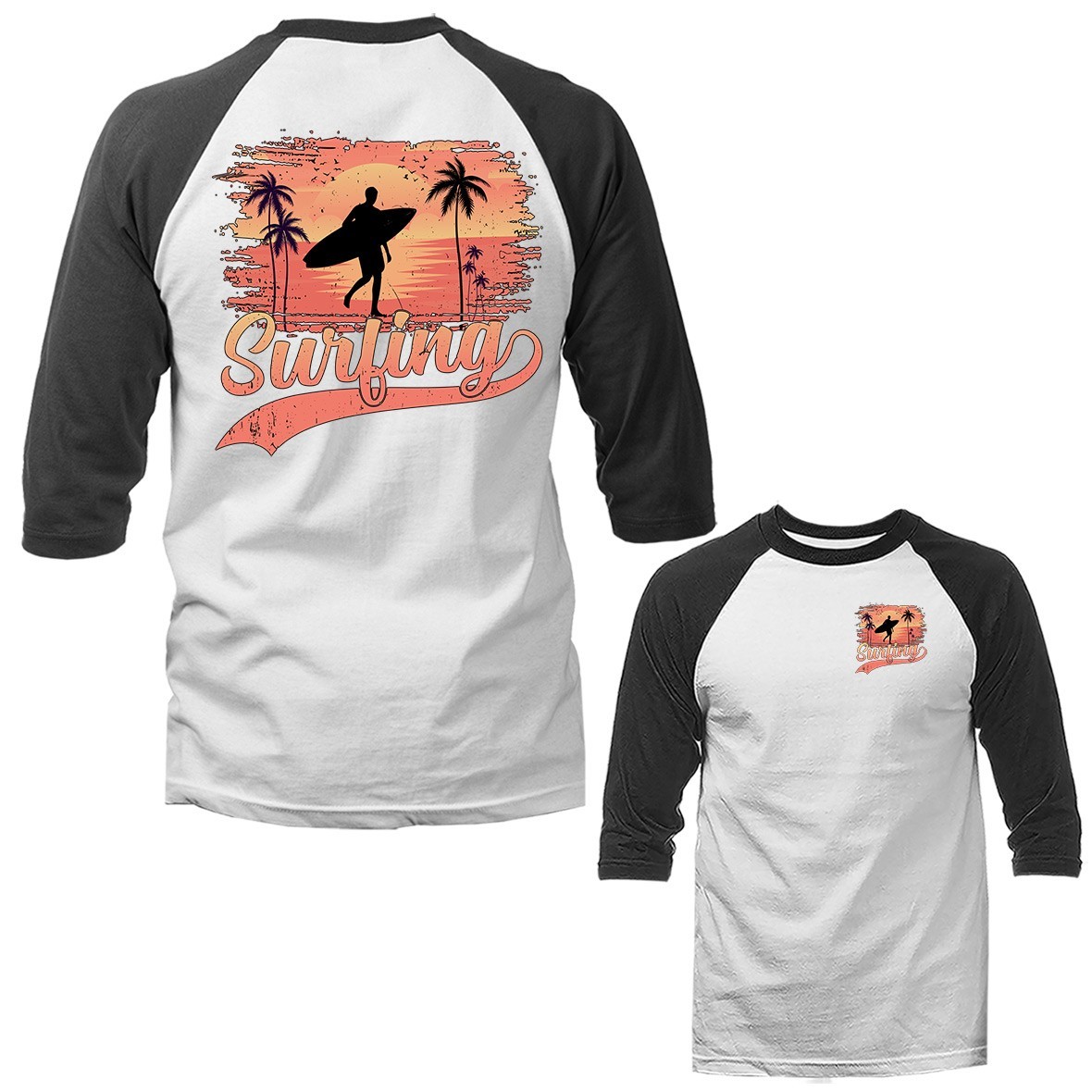 Surf Surfing Palm Tree Surfer 3/4 Sleeve Raglan