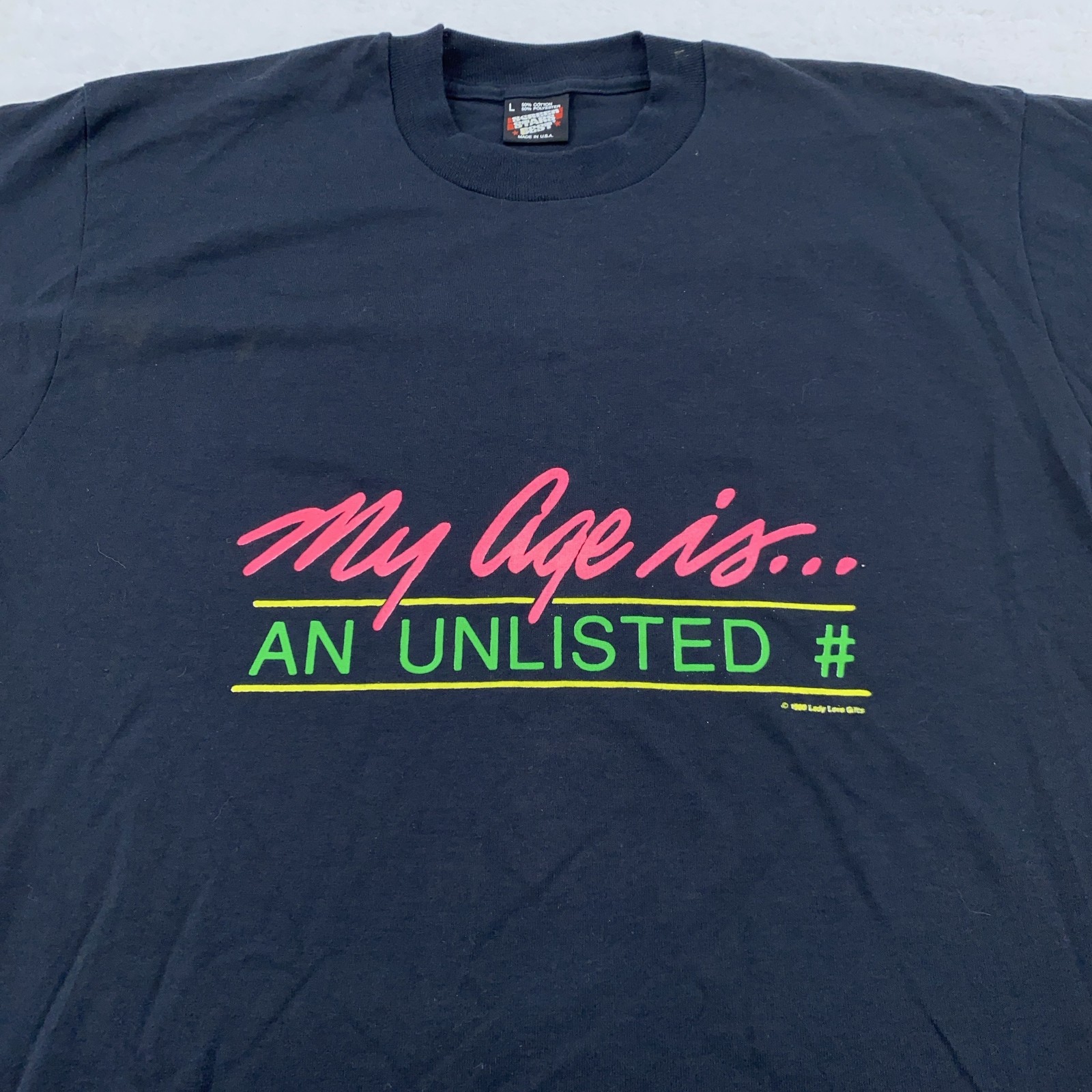 vtg My Age Is An Unlisted Number Shirt M/L Black 80s Birthday Funny Joke Old