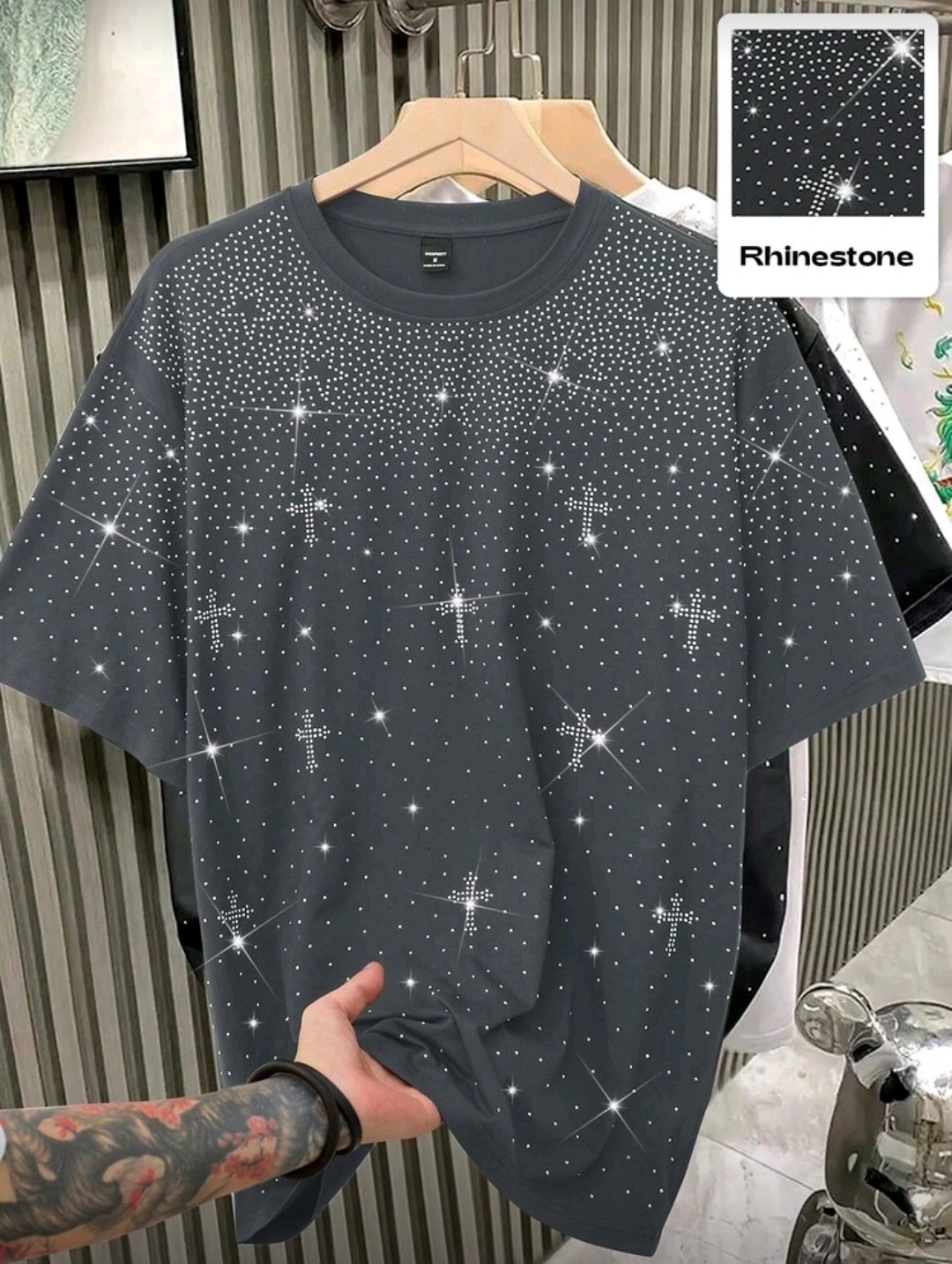 New Men Women Luxury Diamond Crosses Stars Rhinestones Fashion T-Shirt 7 Colors