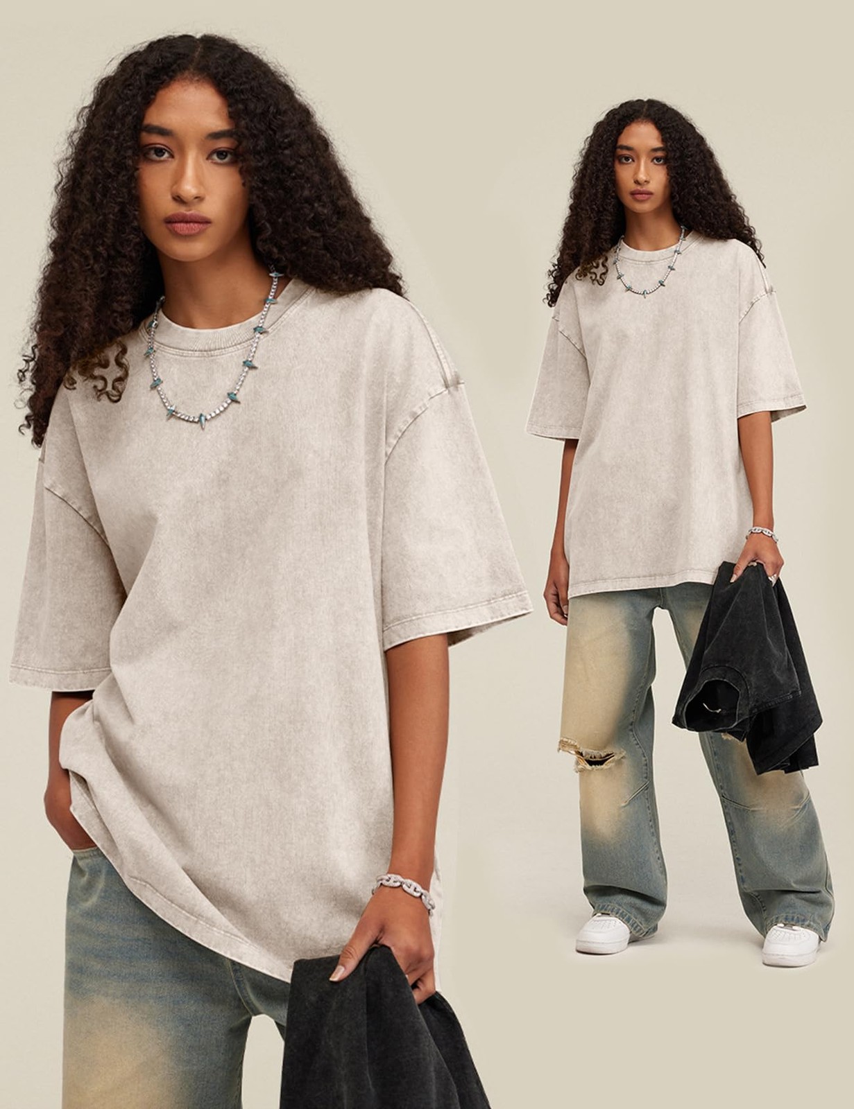 Arssm 3 Pack Men Oversized T Shirts Vintage Tee Loose Large, Black+grey+beige