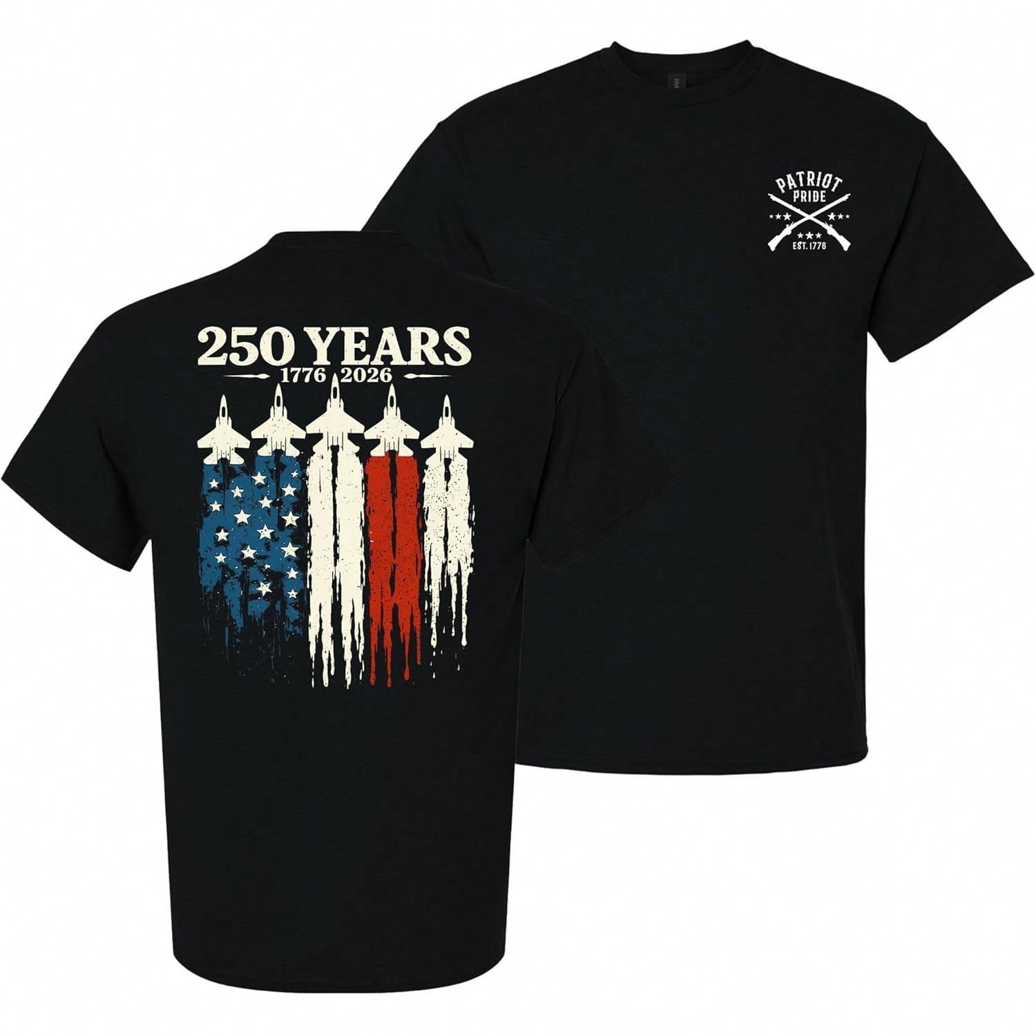 Patriot Pride Men’s Tee, 250 Years America 1776-2026 Jet Flag Anniversary Print