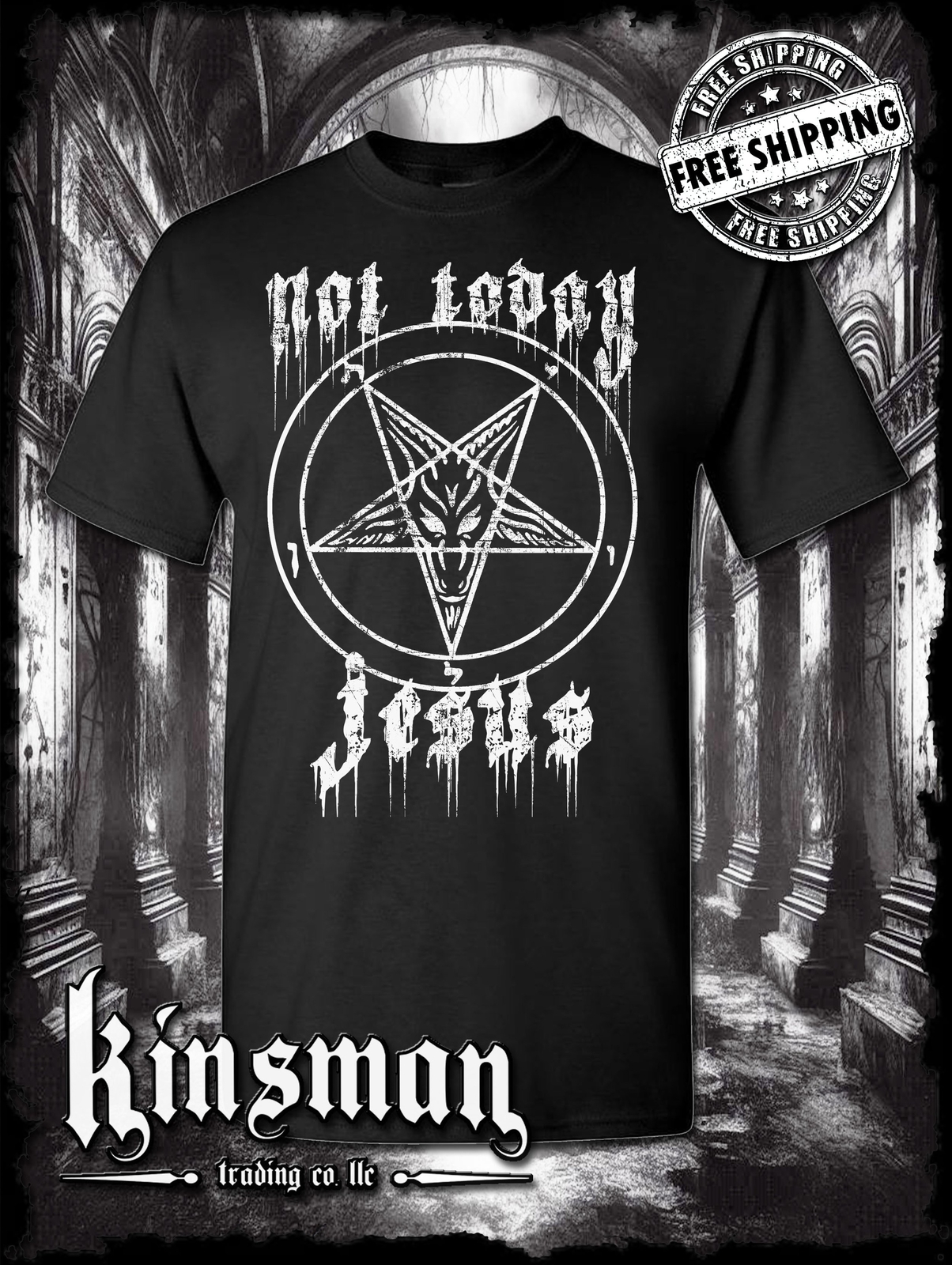 Not Today Jesus Pentagram Baphomet T-Shirt Satanic Evil Devil 666 Halloween Goat