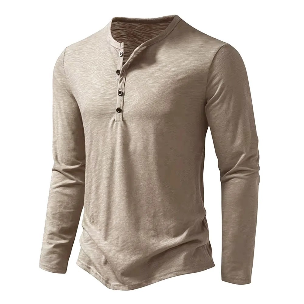 Men’s Autumn Cotton Henley Neck T-Shirt, Long Sleeve, Casual Slim Fit