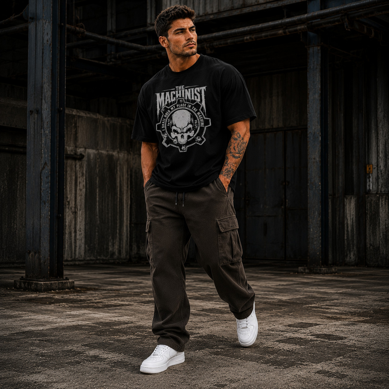 Machinist Vintage Skull Graphic Tee Gothic Streetwear Gym Fitness Cotton T-Shirt
