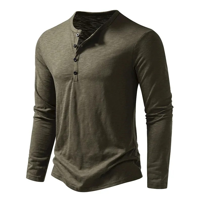 Men’s Autumn Cotton Henley Neck T-Shirt, Long Sleeve, Casual Slim Fit