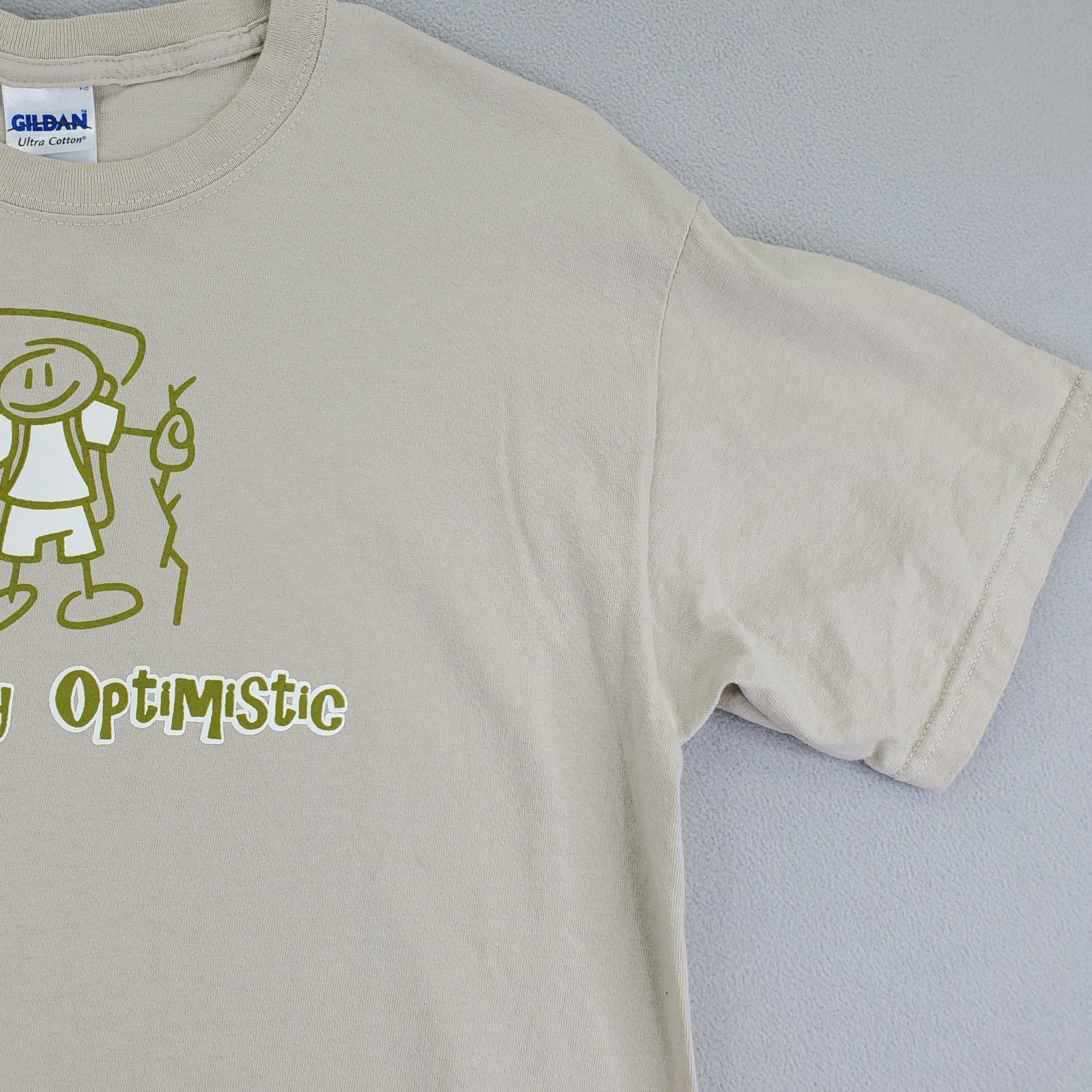 Naturally Optimistic Shirt Mens M Tan Hiking Camping Graphic Gildan Ultra EUC