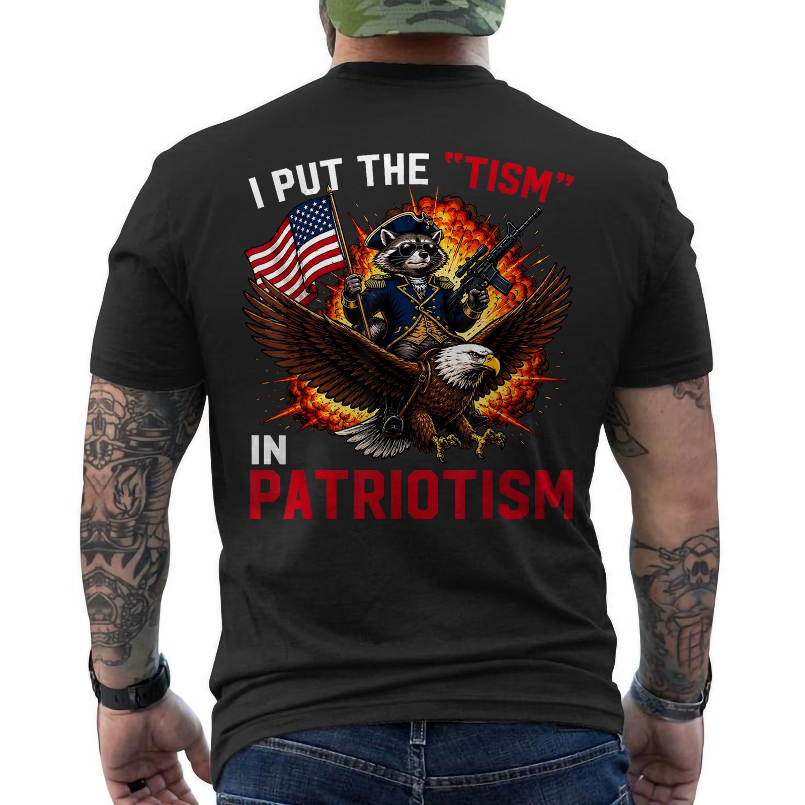 I Put The Tism in Patriotism Retro Eagle Raccoon USA Flag T-Shirt