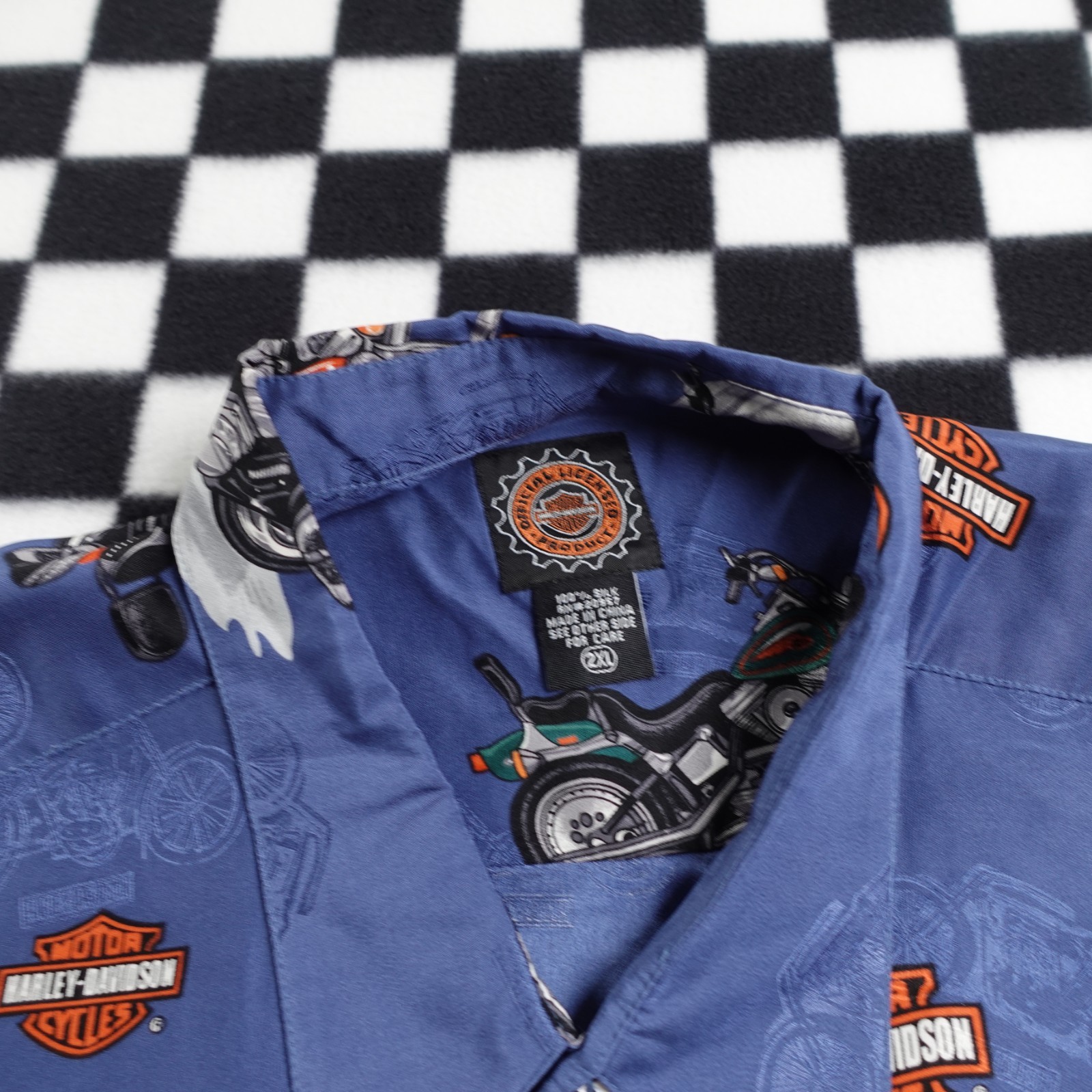 Vintage Harley Davison biker Hawaiian all over print button up Shirt 2XL Silk