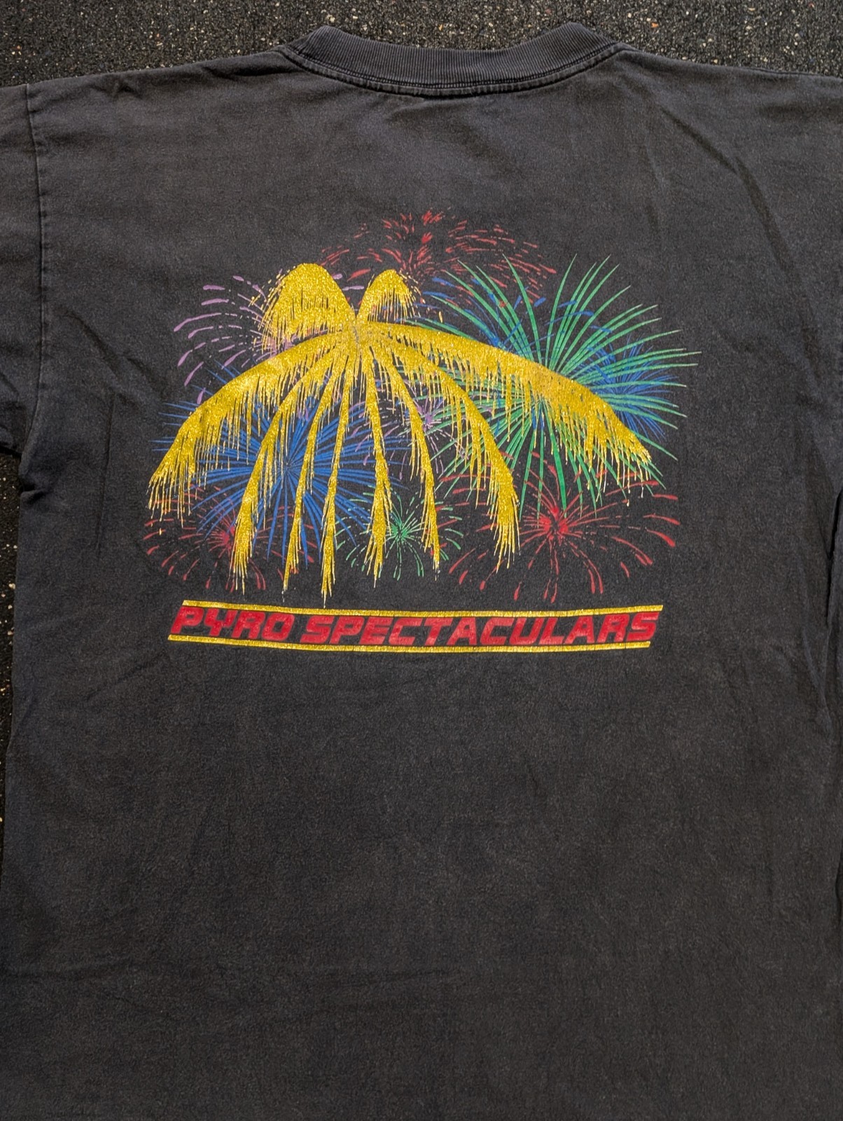 VINTAGE Pyro Spectaculars T-Shirt Large Black Fireworks Graphic Pocket Tee USA
