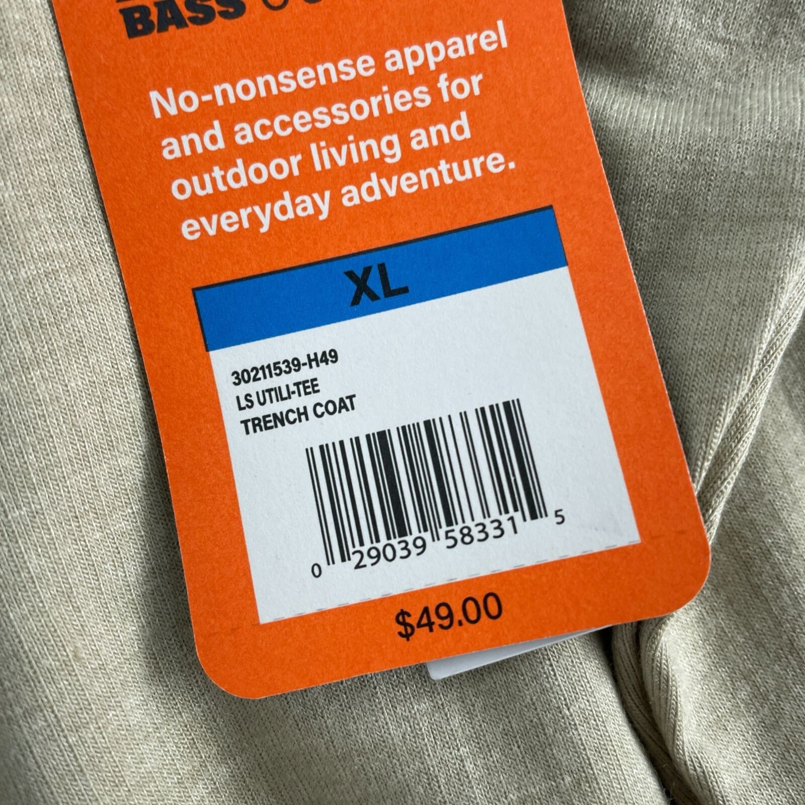 Bass Outdoor LS Utili-Tee Long Sleeve Shirt XL Tan NWT 1732