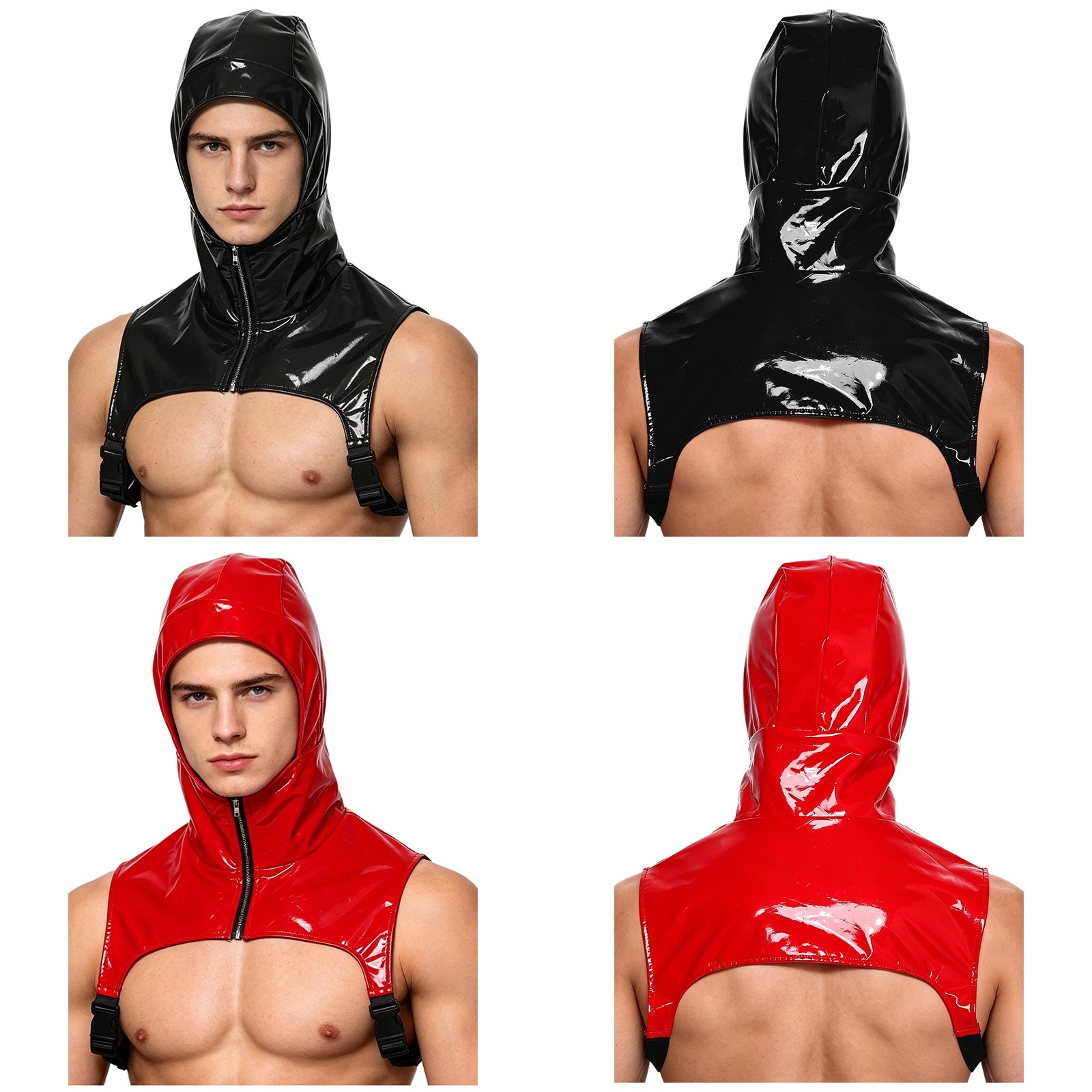 Mens Vest Showing Tank Top Party Crop Top Pvc Leather Birthday Glossy Hooded PU
