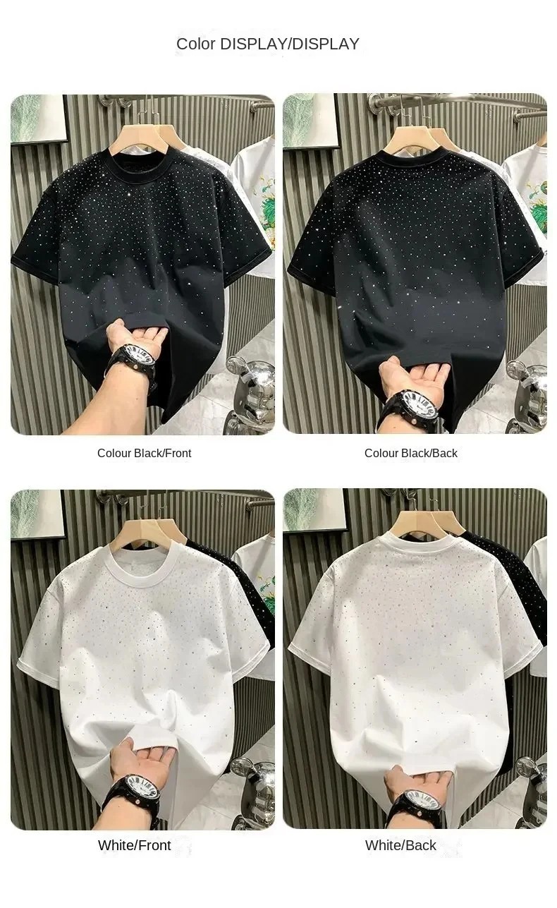 New Men Women Luxury Diamond Rhinestones Black White T-Shirt High Quality