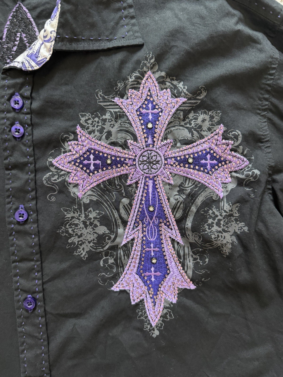 Victorious Los Angeles Men’s L Black Purple Cross Embroidered Shirt Gothic Y2K