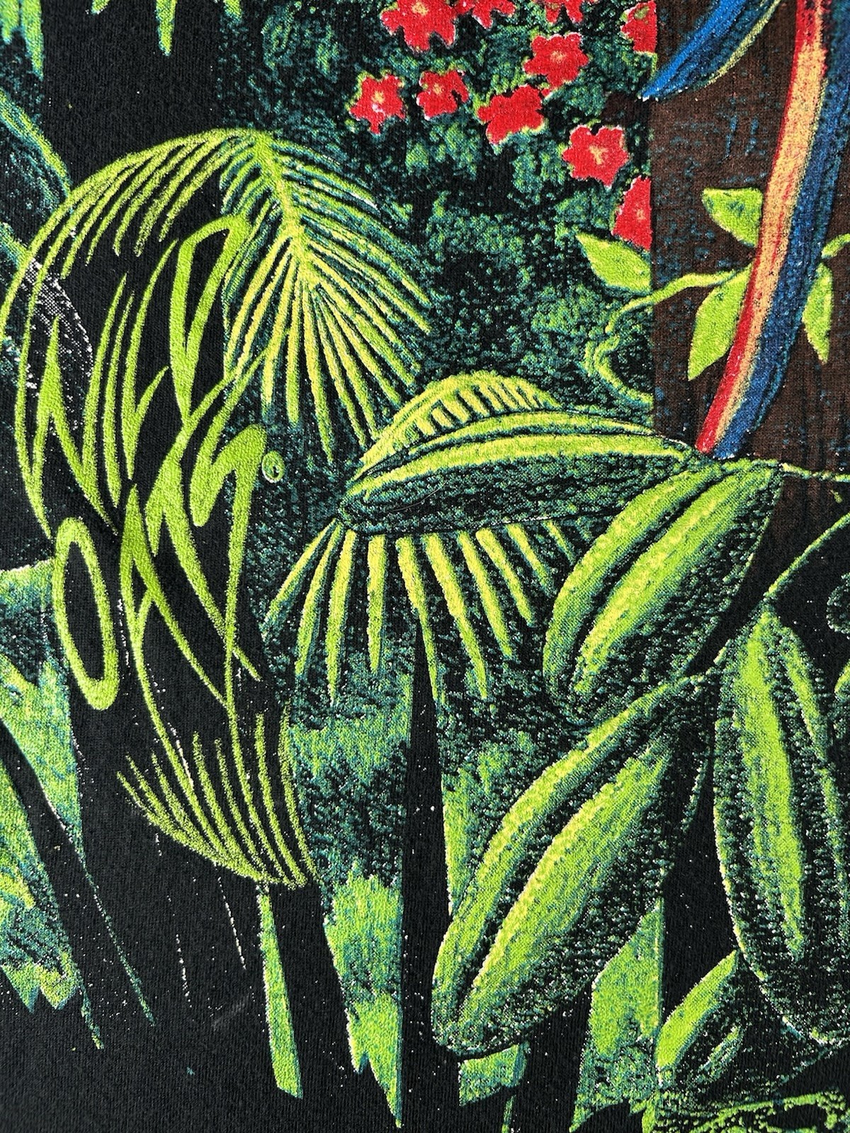 Vintage 90s Wild Oats Jerzees Jungle Parrots Rainforest AOP Tee Shirt SZ Large