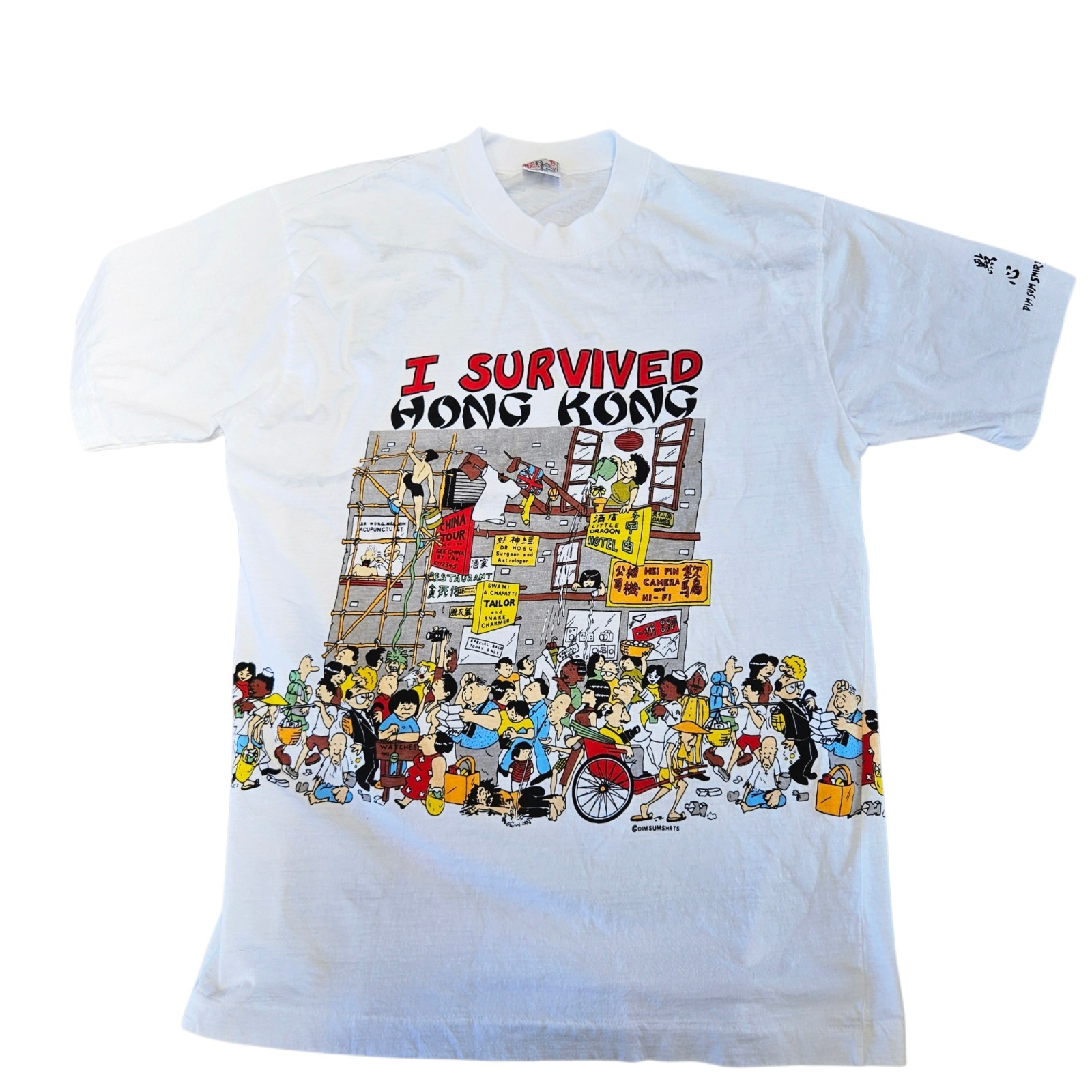 Vintage Dim Sum Shirts I Survived Hong Kong T Shirt Size L White 2 Sided Graphic