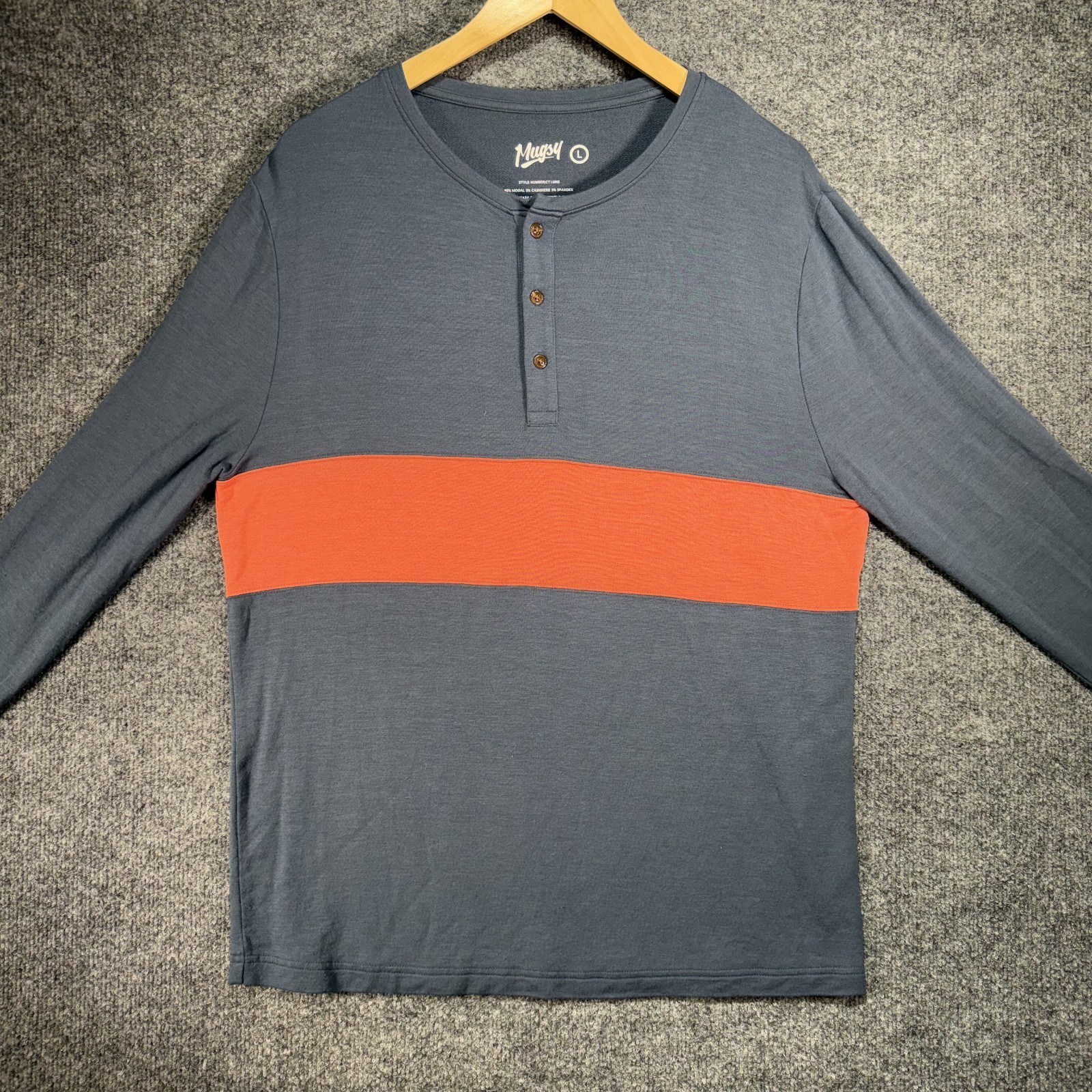 Mugsy Cashtech Henley Shirt Mens Large Blue Stripped Modal Cashmere Stretch Soft