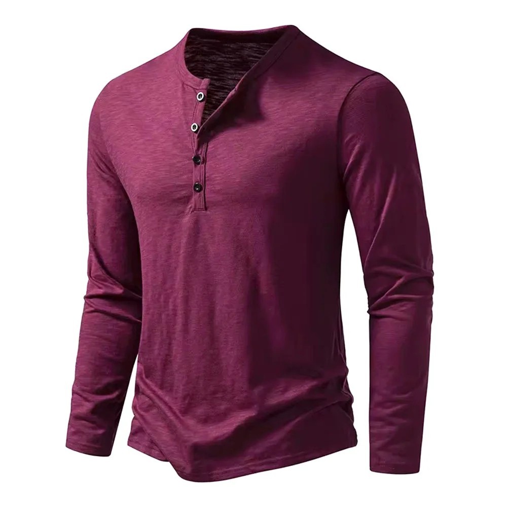 Men’s Autumn Cotton Henley Neck T-Shirt, Long Sleeve, Casual Slim Fit