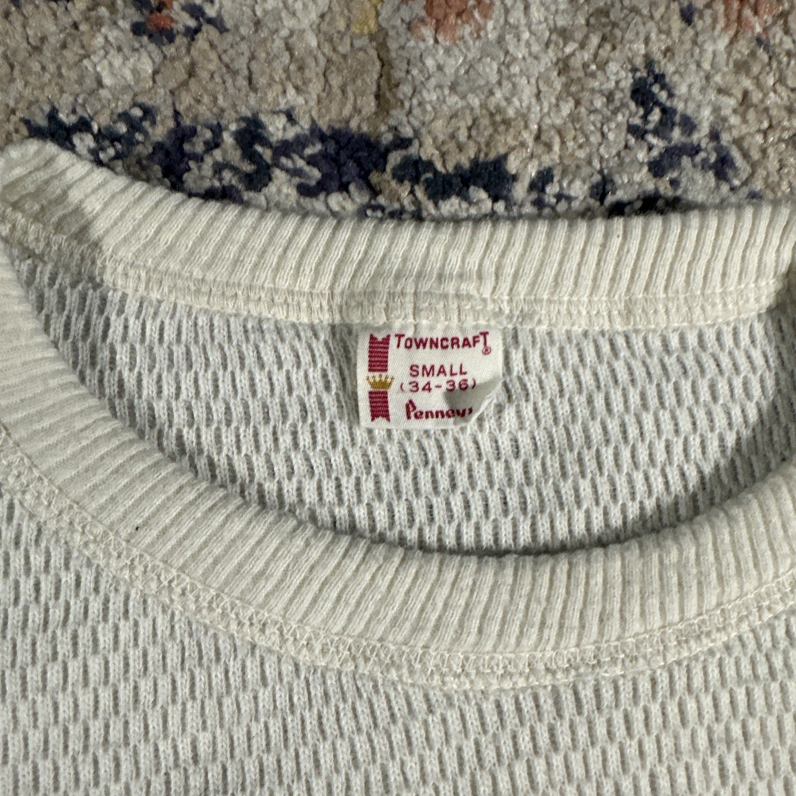 VTG 60s 70s Towncraft Thick Thermal Sweater size S Ivory Off White Waffle Knit