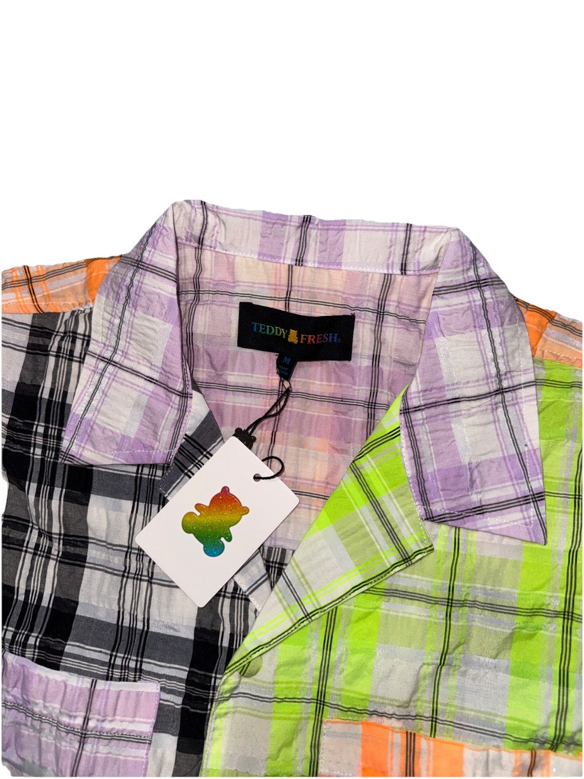 Teddy Fresh Short Sleeve button Shirt Mens Medium multicolor neon panel NEW