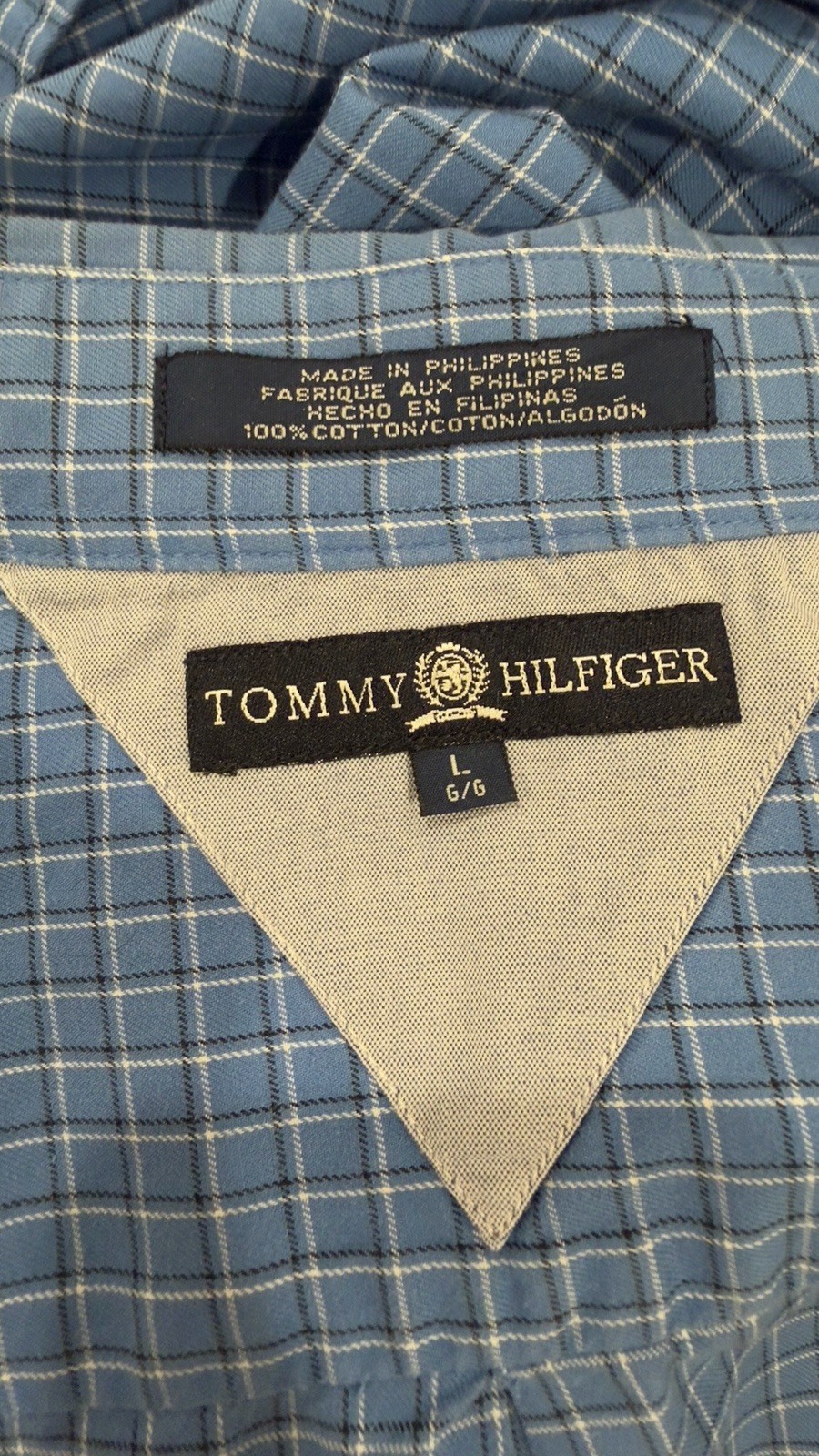 Tommy Hilfiger Men’s Large Blue Plaid Button Down Shirt 100% Cotton Long Sleeve