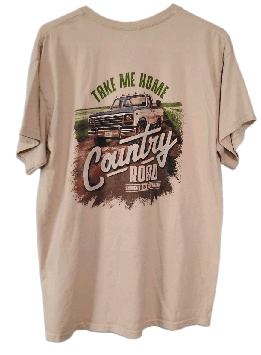 Mens Straight Up Southern Country Roads Truck T-shirt, Large Beige