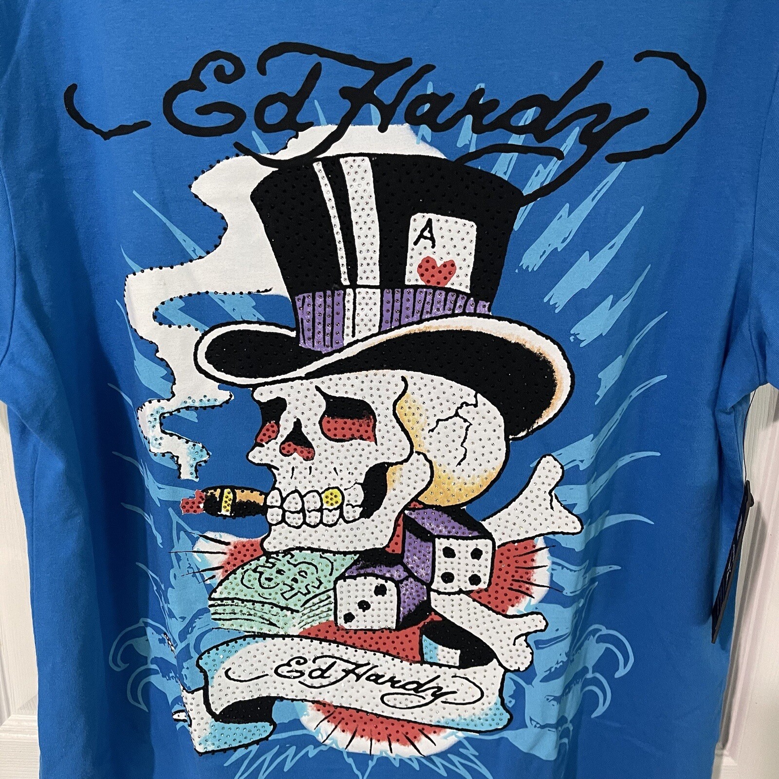 Ed Hardy Y2K Rhinestone Skull Top Hat Tattoo Capri Blue RARE T-shirt Men’s Sizes